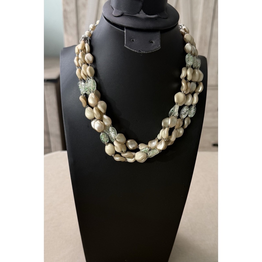 Vintage Multi Strand Faux Pearl Necklace Art Glass Beads Japan Marked 16"